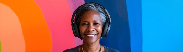 AI generated Portrait of a black middle-aged female smiling while wearing wireless headphones against colorful background, generative AI photo