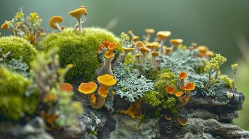 AI generated Miniature world of lichen growing on a stone, capturing the symbiotic relationship between fungi and algae, generative AI photo