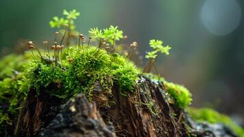 ai generado miniatura paisaje de musgo creciente en un árbol ladrar, antecedentes imagen, generativo ai foto