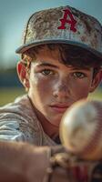 ai generado retrato de un joven blanco masculino vistiendo béisbol jugador uniforme en acción, antecedentes imagen, ai generado foto