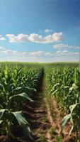 AI generated A lush corn field against a bright blue sky background, background image, generative AI photo