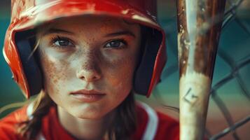 ai generado retrato de un joven blanco hembra vistiendo béisbol jugador uniforme en acción, antecedentes imagen, ai generado foto