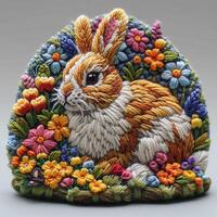 AI generated Easter bunny, bright colored embroidery style, background image, generative AI photo