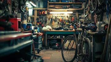 ai generado bicicleta reparar taller, antecedentes imagen, generativo ai foto