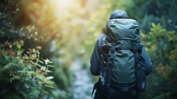 AI generated Solo Backpacker, lone backpacker against a stunning natural backdrop, background image generative AI photo