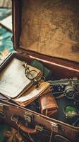 AI generated Capture a vintage suitcase open with travel essentials spilling out, background image generative AI photo