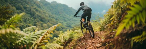 ai generado montaña andar en bicicleta camino, antecedentes imagen, generativo ai foto