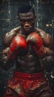 AI generated Portrait of a black male boxer on action against textured background with space for text, background image, AI generated photo