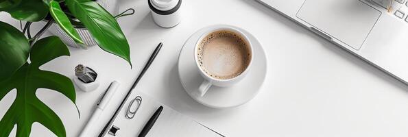 AI generated Minimalist desk setup with a potted plant, a cup of coffee, and neatly arranged office supplies, background image, generative AI photo