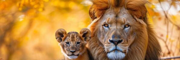 ai generado retrato de un masculino león con un pequeño león cachorro, antecedentes imagen, generativo ai foto