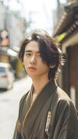 AI generated Portrait of young japanese male wearing traditional japanese clothes, generative AI photo