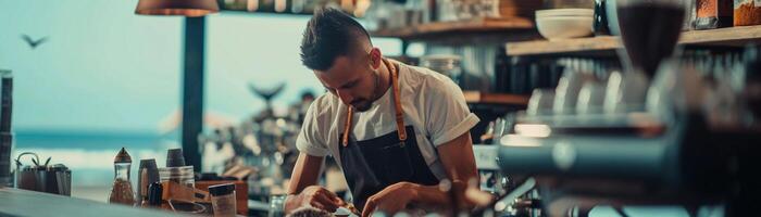AI generated Beachside Barista, barista at work in a beachside cafe, background image, generative AI photo