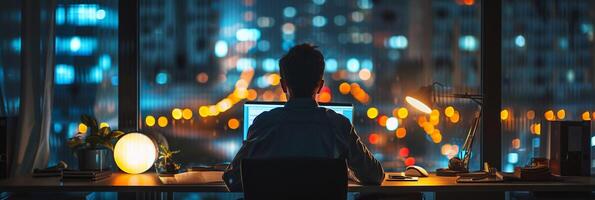 AI generated After-Hours Work, soft focus lens, Illustrate a dedicated employee working late at the office, background image, generative AI photo