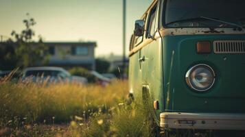 ai generado camper camioneta libertad, capturar un camper camioneta estacionado por el playa o en un escénico ubicación, antecedentes imagen generativo ai foto