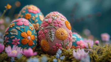 AI generated Easter eggs, bright colored embroidery style, background image, generative AI photo