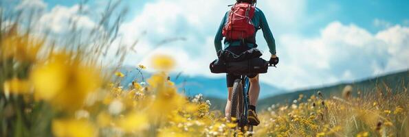 AI generated Bike Touring Adventure, cyclist loaded with touring gear, background image, generative AI photo