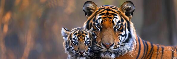 ai generado retrato de un masculino Tigre con un pequeño Tigre cachorro, antecedentes imagen, generativo ai foto