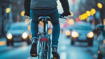 ai generado bicicleta conmutar en el ciudad, viajero diario al trabajo en un bicicleta navegando mediante ciudad tráfico, antecedentes imagen, generativo ai foto