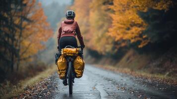 ai generado bicicleta turismo aventura, ciclista cargado con turismo engranaje, antecedentes imagen, generativo ai foto