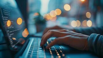 AI generated Zoom in on a person's hands typing on a keyboard, background image, generative AI photo