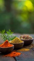 AI generated Spice Palette, artistic arrangement of various spices in small bowls or containers, background image, generative AI photo