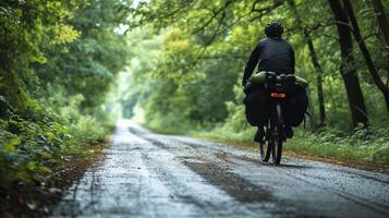 AI generated Bike Touring Adventure, cyclist loaded with touring gear, background image, generative AI photo