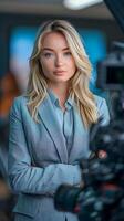 AI generated Portrait of a blonde white female news reporter in action, background image, AI generated photo