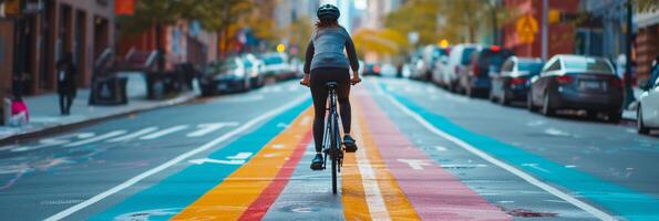 AI generated Bike Lane Adventure, cyclist riding down a designated bike lane in an urban setting, background image, generative AI photo