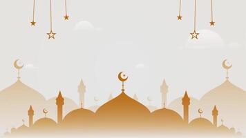 eben und einfach Licht Gold leer Animation horizontal Video Hintergrund mit islamisch Landschaft von Kuppeln und Moschee Formen Silhouette und hängend Sterne Ornament