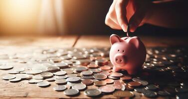 AI generated saving money by adding coin in pig shaped bank after retirement and record keeping of income, expenditure, savings and financial concepts. Generative Ai. photo