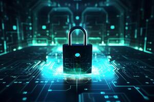 AI generated Cybersecurity and privacy and protect data concept. lock key icon and internet network security technology.Generative Ai. photo