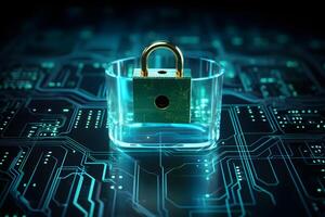 AI generated Cybersecurity and privacy and protect data concept. lock key icon and internet network security technology.Generative Ai. photo