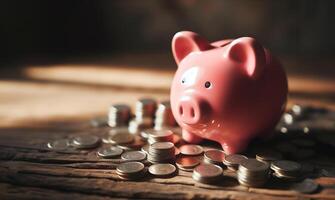 AI generated saving money by adding coin in pig shaped bank after retirement and record keeping of income, expenditure, savings and financial concepts. Generative Ai. photo