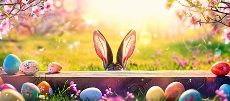 AI generated Abstract Defocused Easter Scene - Ears Bunny Behind Grass And Decorated Eggs In Flowery Field photo