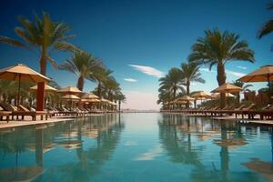 AI generated Luxurious beach resort with swimming pool and loungers umbrellas with palm trees photo