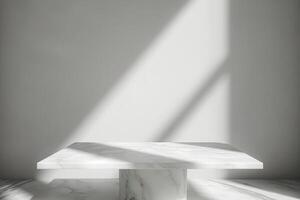 AI generated Sleek Simplicity, Empty Marble Tabletop Casting a Subtle Shadow Against a Clean White Wall Background photo