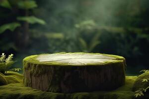 AI generated Flat stone podium in the magical forest , empty round stand background photo