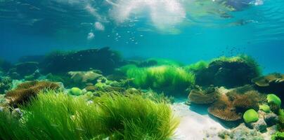 AI generated Green seaweed with fish, natural underwater seascape in the ocean photo