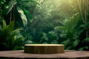 AI generated Wooden Podium Amidst a Tropical Forest, Ideal for Product Presentation Against a Lush Green Background photo