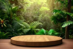 AI generated Wooden podium in tropical forest for product presentation and green background photo