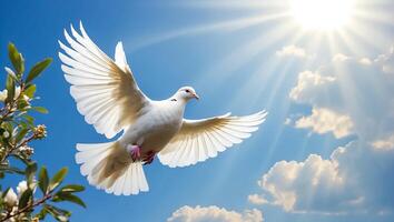 AI generated White dove against the sky with clouds, branch photo