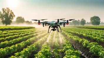 AI generated drone flies and sprays green plants in the beds photo