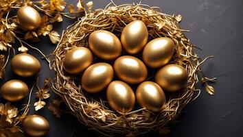 AI generated Beautiful golden Easter eggs on an old dark background photo