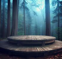 AI generated 3D Illustration of a Wooden Round Pedestal in the Verdant Forest, Creating an Empty Product Podium Amidst the Natural Surroundings with Mystical Undertones photo