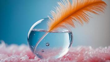 Beautiful feather, drop of water, color background photo