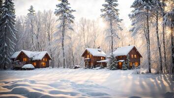 ai generado invierno casas en el bosque foto