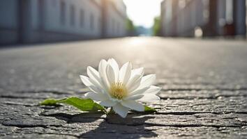 AI generated beautiful lonely flower grows from asphalt photo