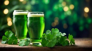 AI generated Glasses with green beer, clover leaves background photo