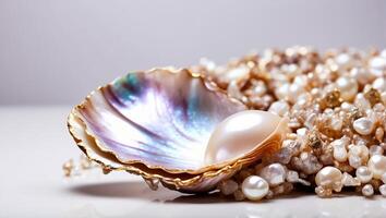 AI generated Beautiful shell with pearls on a light background photo