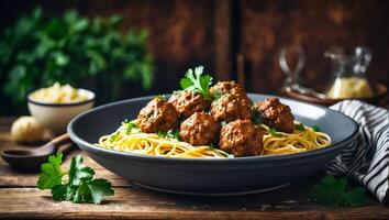 ai generado delicioso apetitoso albóndigas con espaguetis en el cocina foto